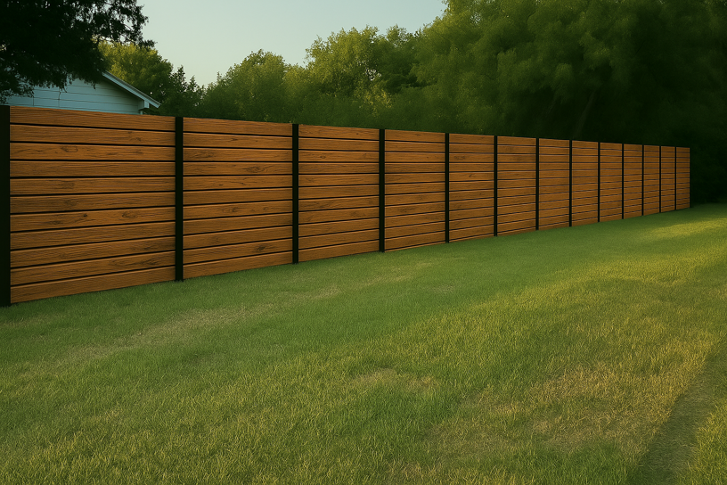 A long, newly installed modern wood fence in a residential backyard by Fensteel LLC in Laredo, TX.