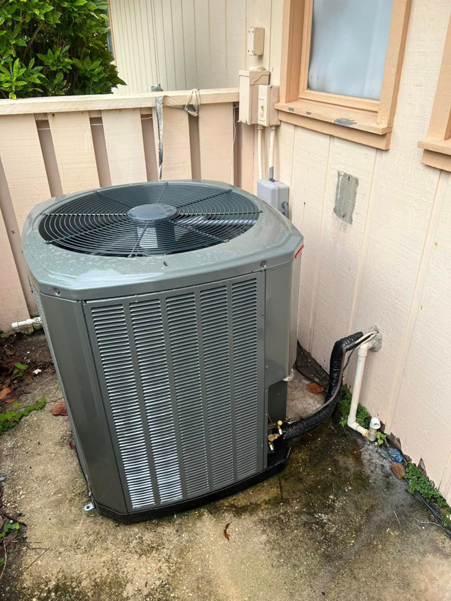 A new outdoor AC condenser unit installed next to a building by AC All Stars AC contractor in Fort Lauderdale, FL.