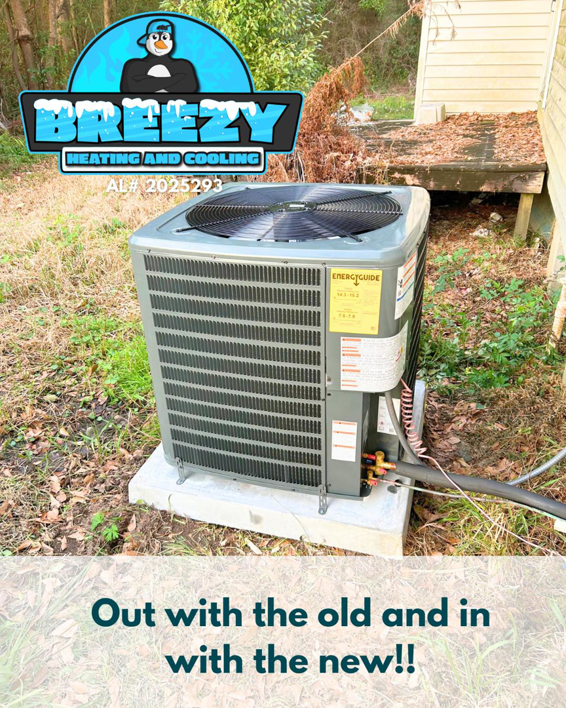 A newly installed outdoor AC unit by Breezy Heating and Cooling in Mobile, AL.