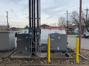 Two newly installed outdoor commercial HVAC units by Allstate Heating & Cooling in Lexington, KY.