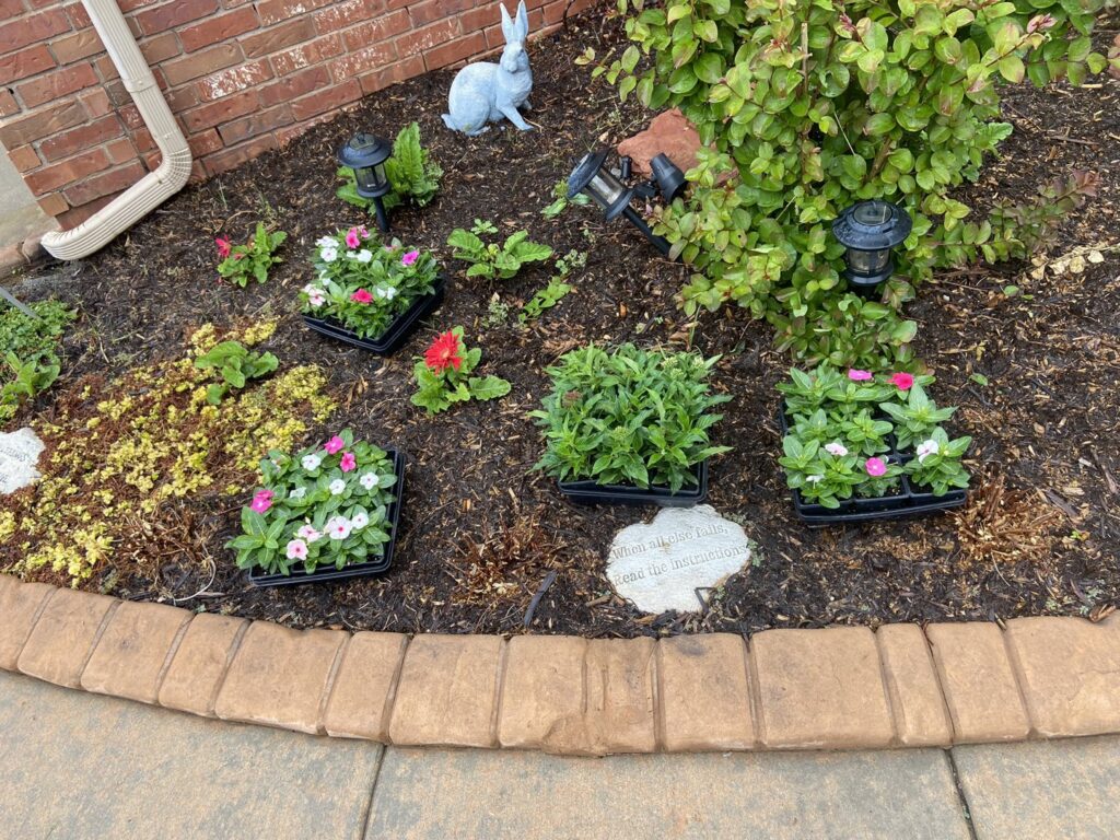 Trays of new plants placed in a mulched flower bed, ready for planting by Perez Lawn Care llc in Oklahoma City, OK