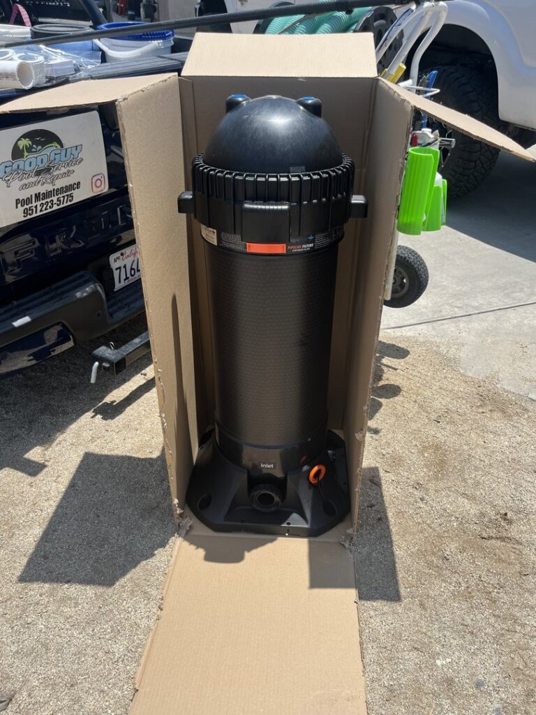 A new pool filter in its cardboard box, ready for installation or replacement by Good Guy Pool Service in Moreno Valley, CA.