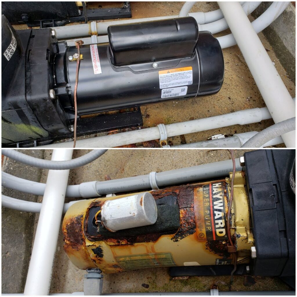 A new pool pump installed above an old, rusty one, demonstrating equipment replacement by Pool Doctors in Cape Coral, FL.