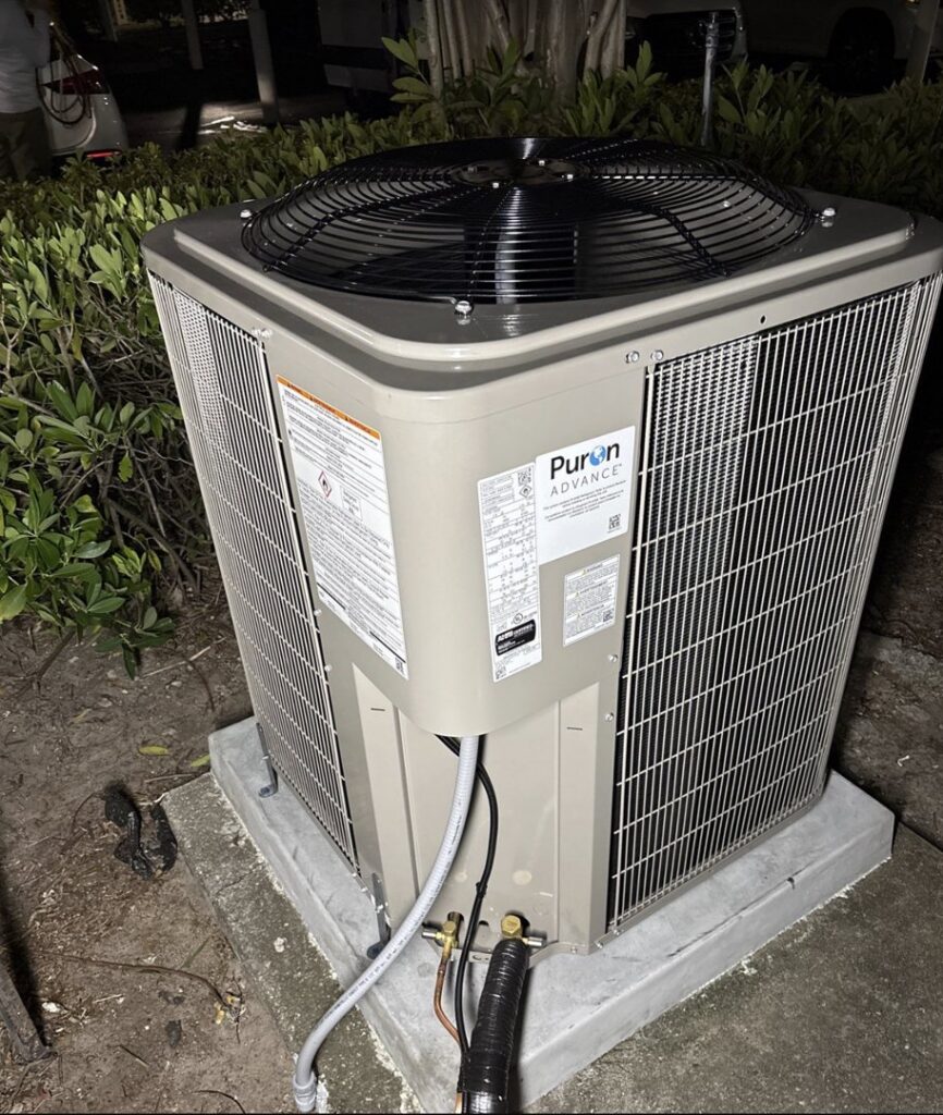 A newly installed Puron Advance outdoor AC unit by Blue Air Heating and Cooling in Orlando, FL.