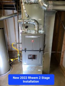 A new 2022 Rheem 2-stage furnace installation with ductwork by Thin Air Heating and Cooling in Arvada, CO.