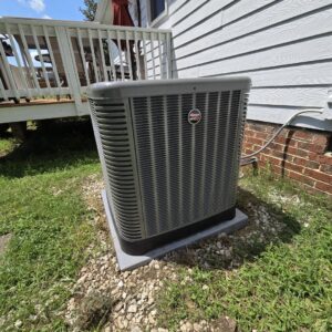A newly installed Rheem outdoor HVAC unit by Pappy's Heating & Air INC, offering efficient heating and air in Clayton, NC.