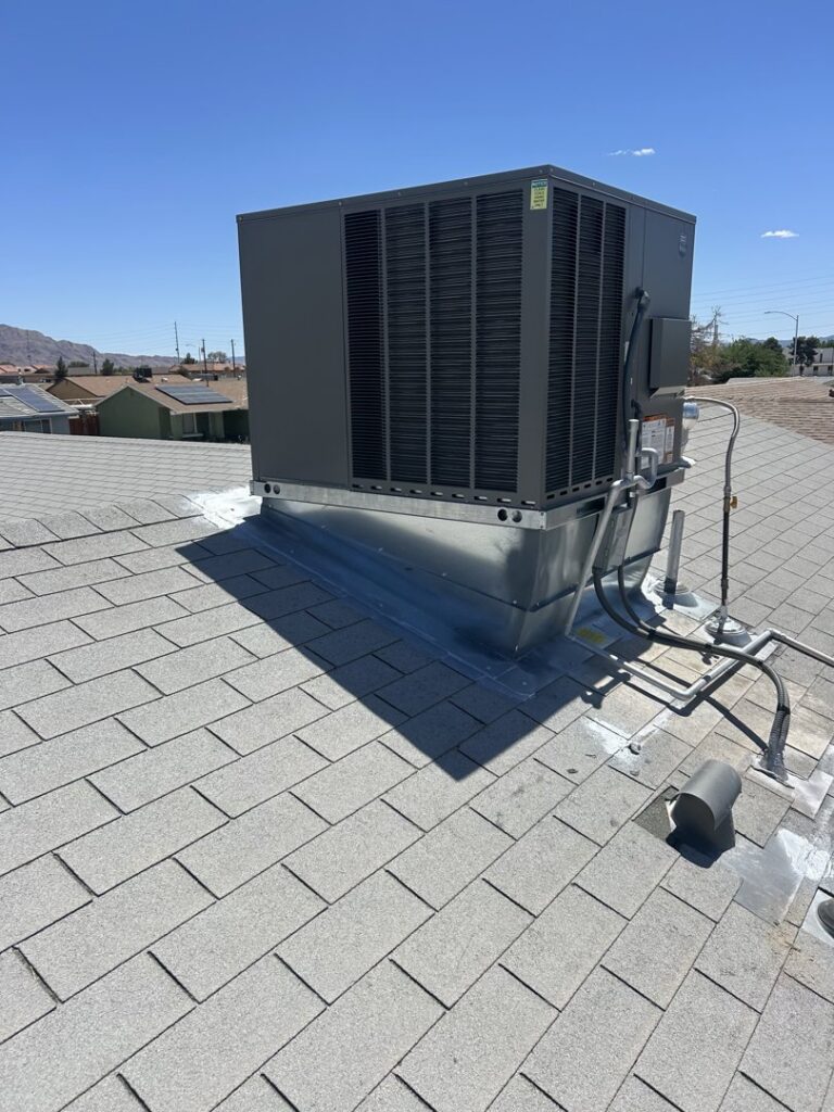 A newly installed rooftop HVAC unit on a residential home by 32 Degrees Heating and Air Conditioning in Las Vegas, NV