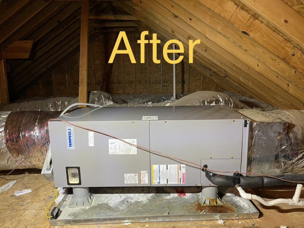 A newly installed Tempstar air handler and ductwork in an attic by KMC Heating and Cooling LLC in Clarksville, TN.