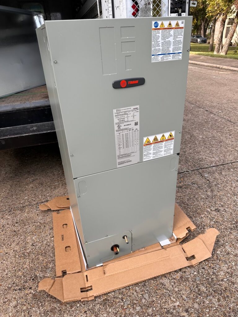 A new Trane air handler unit ready for installation by Metro Air Conditioning, Heating & Services in Dallas, TX