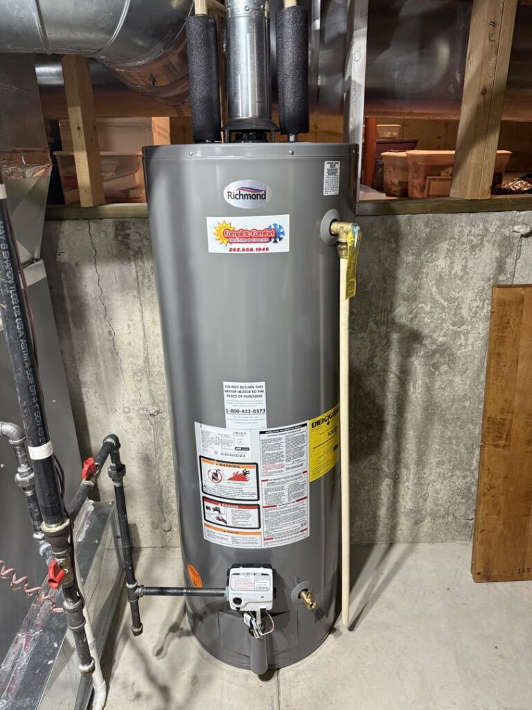 A new Richmond water heater installed in a basement by Complete Comfort Heating & Cooling in Kenosha, WI.