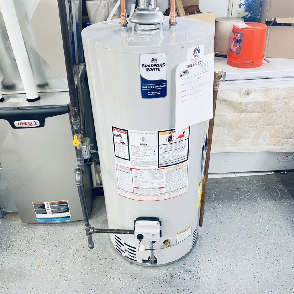 A new Bradford White water heater installed by Falso Service Experts in East Syracuse, NY.
