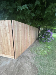 A section of new wood fence installation next to landscaping by FJ'S Fencing & Construction, LLC in Lake Oswego, OR.