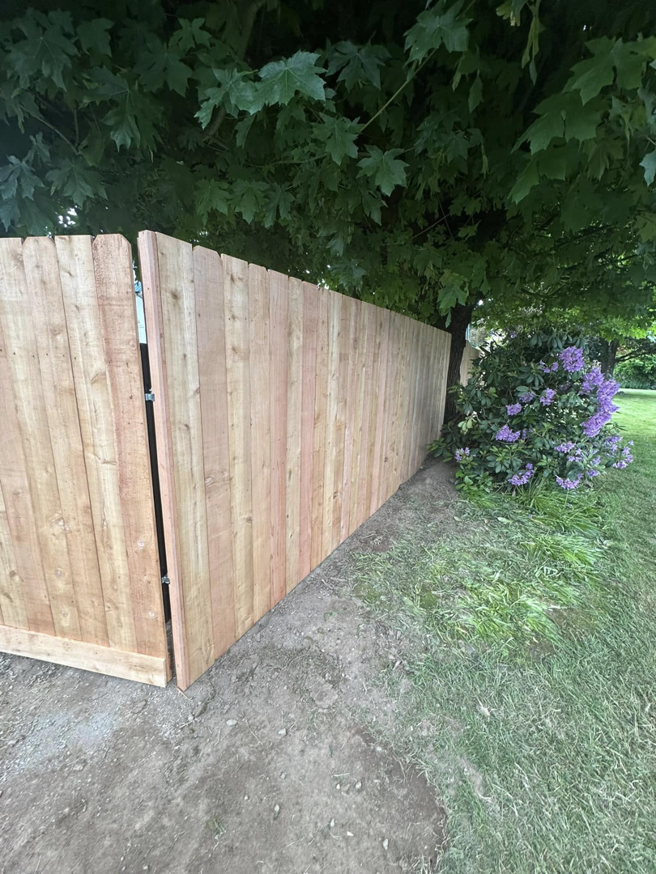 A section of new wood fence installation next to landscaping by FJ'S Fencing & Construction, LLC in Lake Oswego, OR.