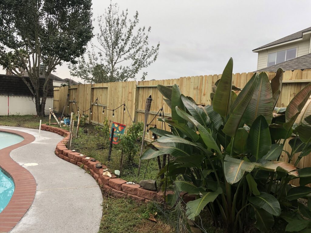 A new wood privacy fence installed along a backyard with a swimming pool by GOAT Fence Company in Houston, TX.