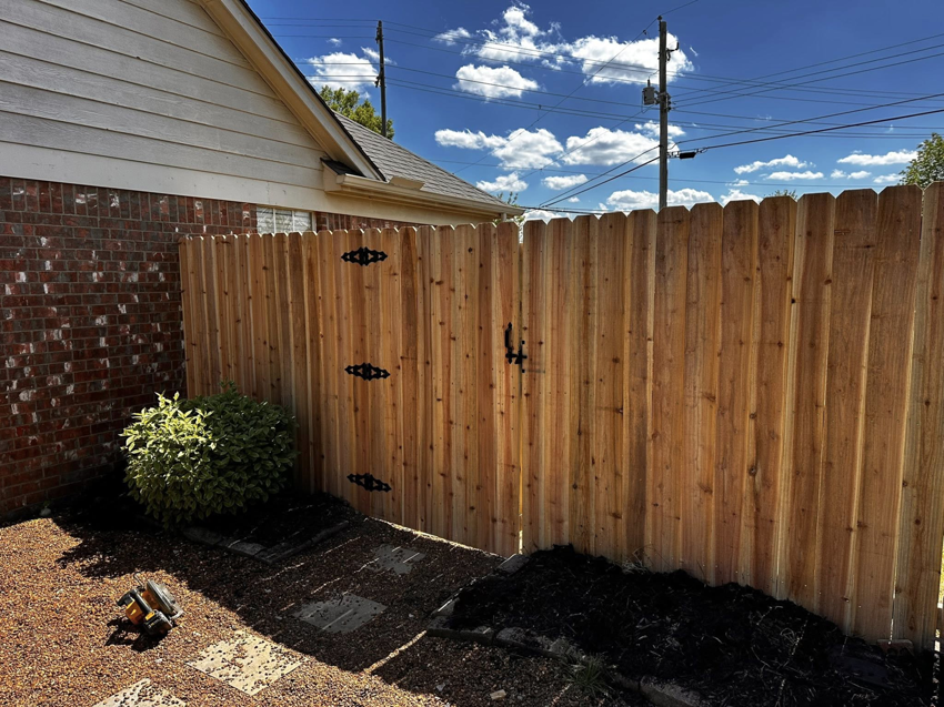 A new wood privacy fence and gate installed next to a house by Holland Fences and Decks in Bartlett, TN.