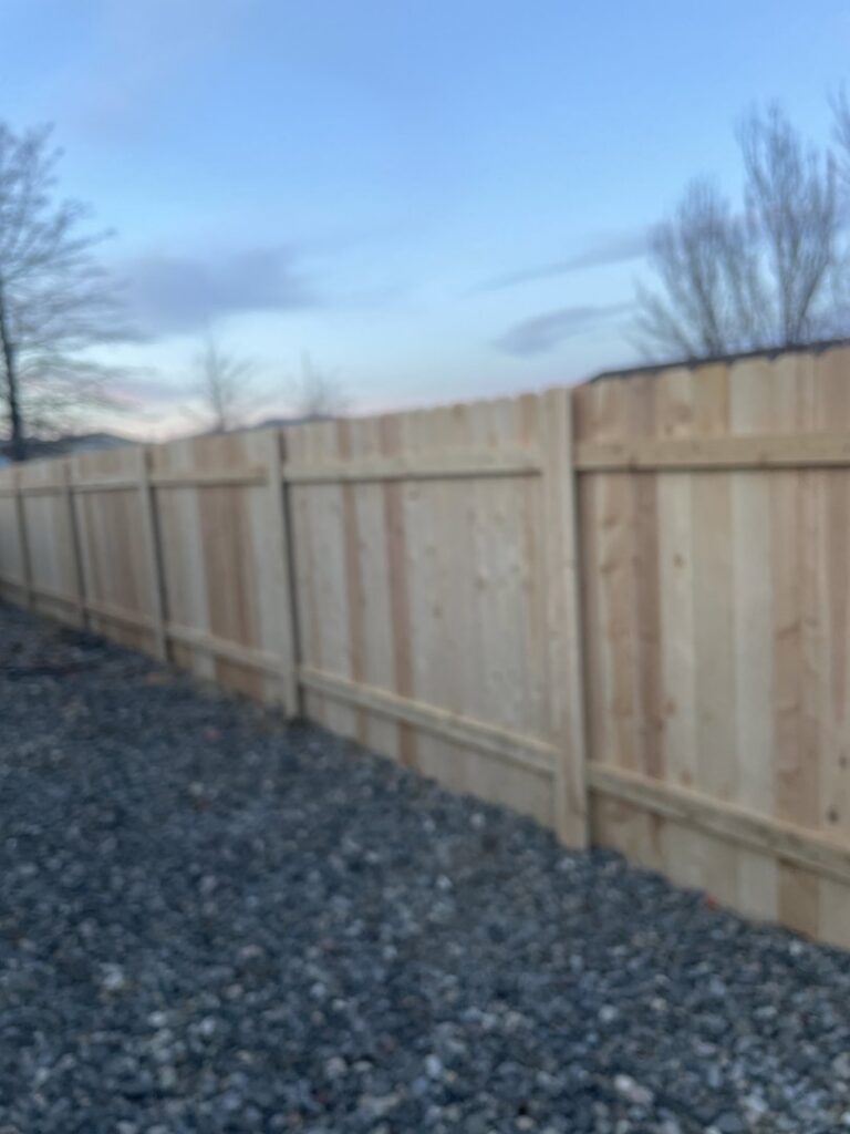 A newly installed wooden privacy fence with a gate next to a residential house by Mule Fence Inc. in Sparks, NV.
