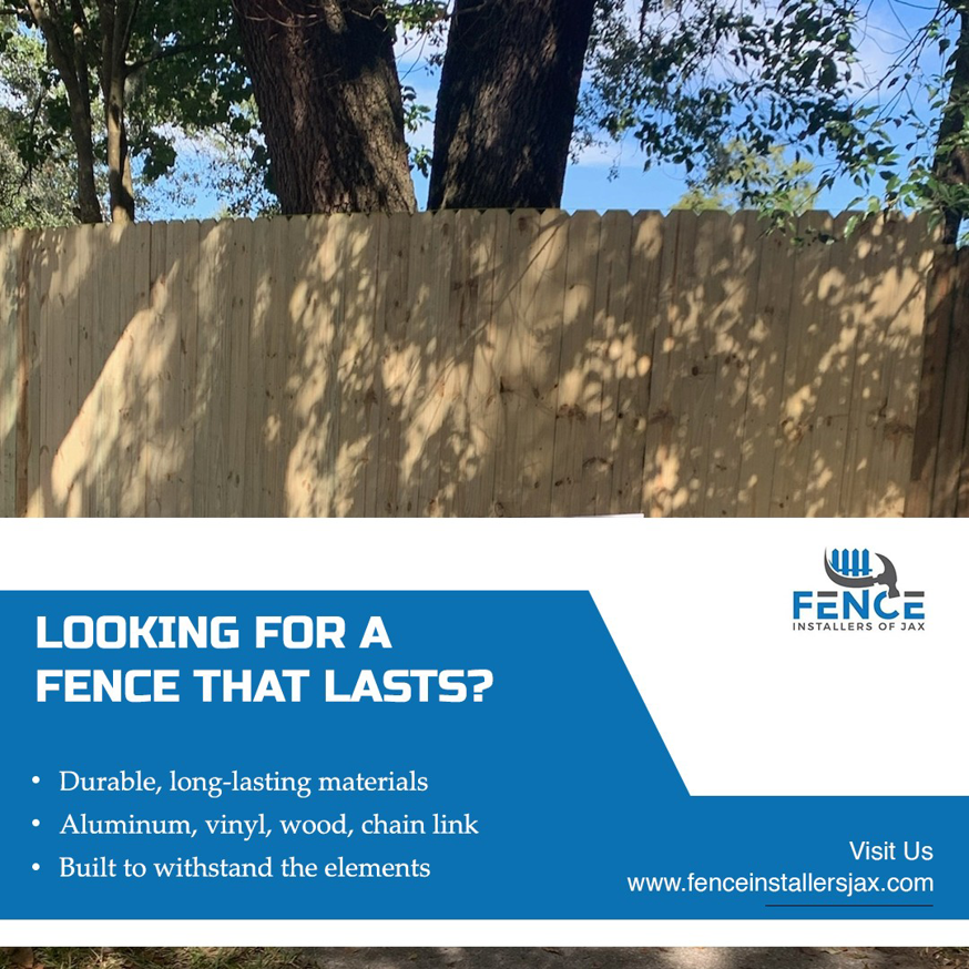 A newly installed wood privacy fence by Fence Installers of Jacksonville in Jacksonville, FL.