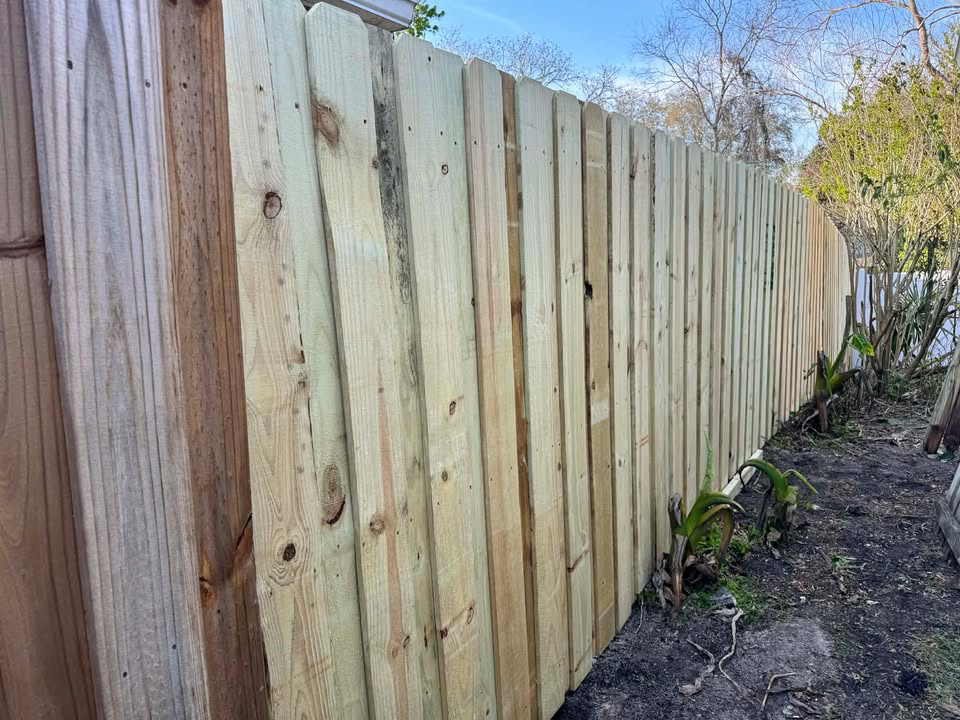 A newly installed wood privacy fence by Native Outdoors, LLC in Orlando, FL, showcasing quality craftsmanship.