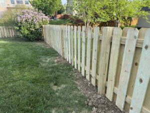 A newly installed wooden picket fence enclosing a residential backyard by Affordable Fence Builders in Dayton, OH.