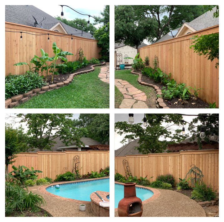 A newly installed wooden privacy fence surrounding a backyard and pool area by Hill's Outdoor Solutions in Fort Worth, TX.
