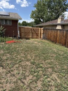A newly installed wooden privacy fence and gate next to an older, weathered fence by First Rate Fence & Supply in Denver, CO.