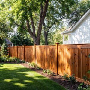 A new wooden privacy fence installed in a residential backyard by Lawrence Fence Company in Lawrence, KS.