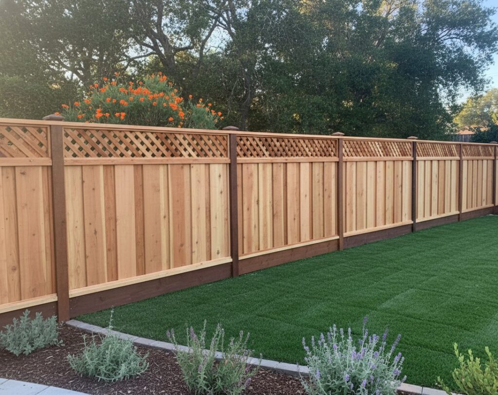 A newly installed wooden privacy fence with a decorative lattice top by Horizon Fence & Custom Gates, Inc. in Orangevale, CA.
