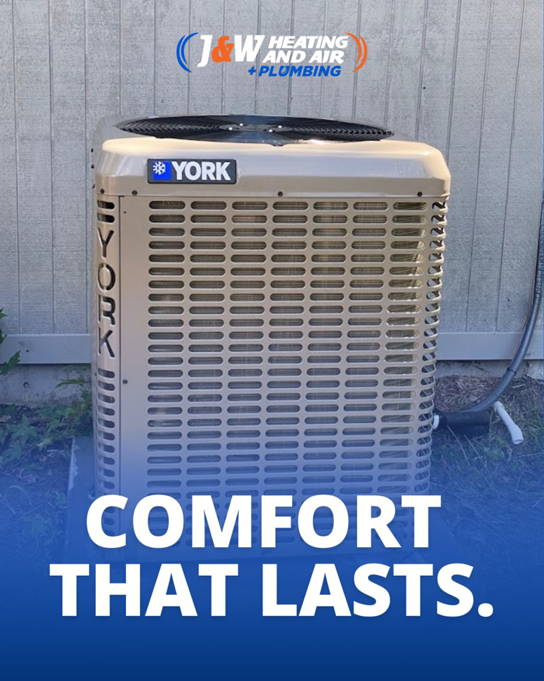 A newly installed York outdoor AC unit by J&W Heating and Air + Plumbing in Jacksonville, FL.