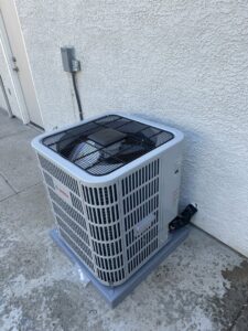 A newly installed Bosch outdoor air conditioning unit by Airmech Heating and Air Conditioning in Elk Grove, CA.