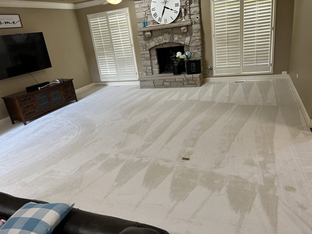 A living room featuring newly installed light-colored carpet with fresh vacuum lines by Carpets Direct Naperville, IL.