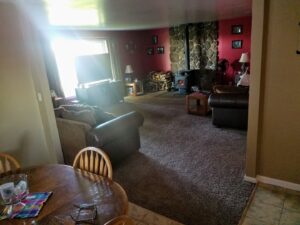 A spacious living room featuring newly installed dark carpet by Bigger's Complete Floor Covering in Owosso, MI.