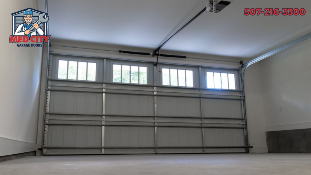 A newly installed garage door with windows inside a garage by Med City Garage Doors in Rochester, MN.