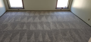 A spacious room featuring newly installed gray carpet with vacuum lines, completed by B A Carpet and Flooring in Broken Arrow, OK.
