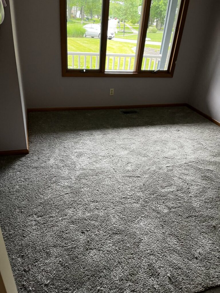 A room featuring newly installed gray carpet by Carpet Warehouse Lorain LLC in Lorain, OH.