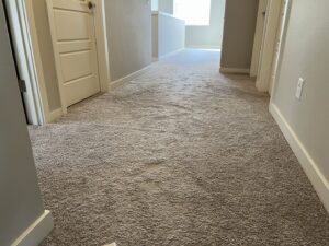 A newly installed or freshly cleaned carpet in a hallway, showcasing the finished work by Mace Carpet Services in Tacoma, WA
