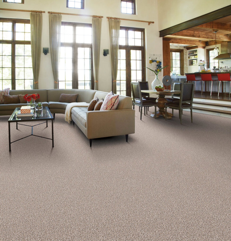 A spacious living room featuring newly installed light brown carpet by C&H Installation Group LLC in Schaumburg, IL