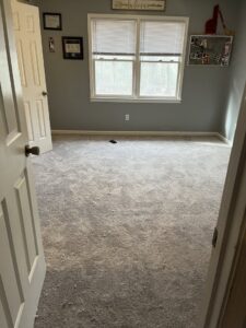 Newly installed light gray carpet in a residential room by Wholesale Carpet of Sumter in Sumter, SC.