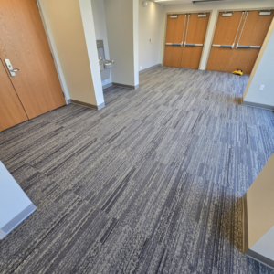 Newly installed patterned grey carpet in a commercial space by LaValle Flooring Inc - Jamestown, ND