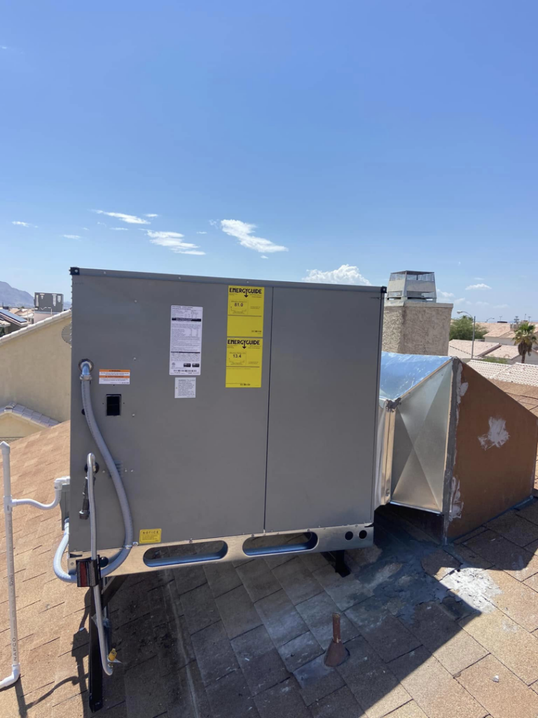 A newly installed rooftop HVAC unit with connected ductwork by Aire & Air Heating and Cooling LLC in Las Vegas, NV.