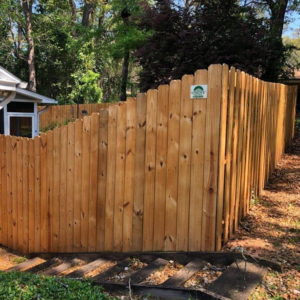 A newly installed wood privacy fence with a scalloped top by Melanie K. Lynch in Crawfordville, FL