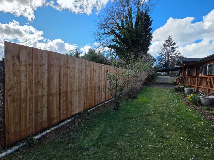 A newly installed wooden privacy fence in a residential backyard, a completed project by West Coast Fencing in Coos Bay, OR.