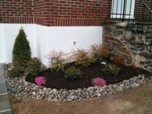 A newly planted garden bed with decorative rocks and fresh mulch by John's Lawn Care Service's in Saint Petersburg, FL