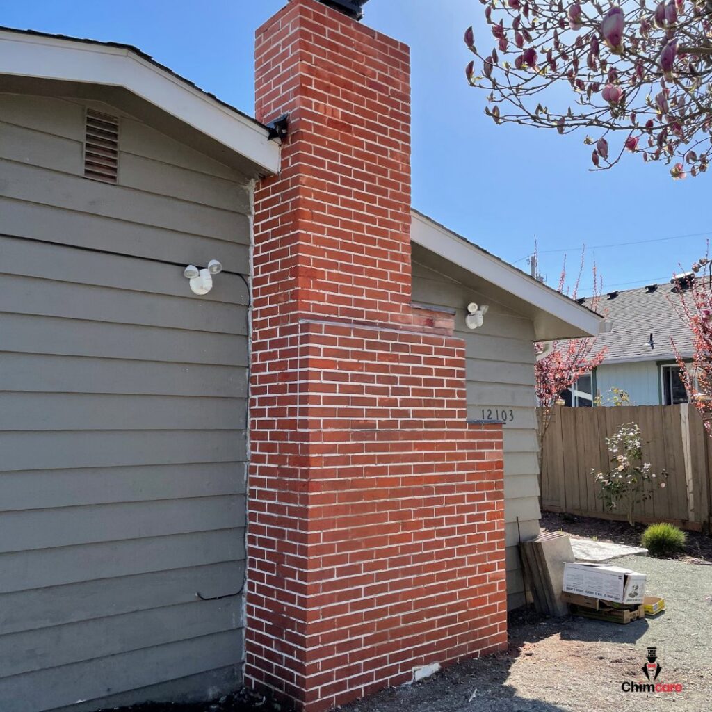 A newly repaired and clean exterior brick chimney on a house, showcasing quality work by Chimney Care experts in Doraville, GA.