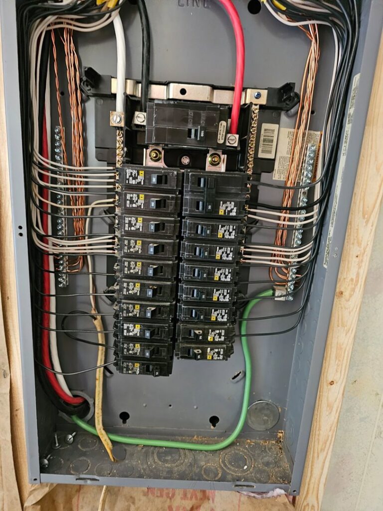 A newly installed and neatly wired electrical panel with circuit breakers, completed by Titus & Son's Electric in Bluffton, IN.