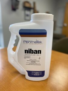 A container of Niban granular bait, a pest control product from Perimetek Pest Management in East Syracuse, NY.