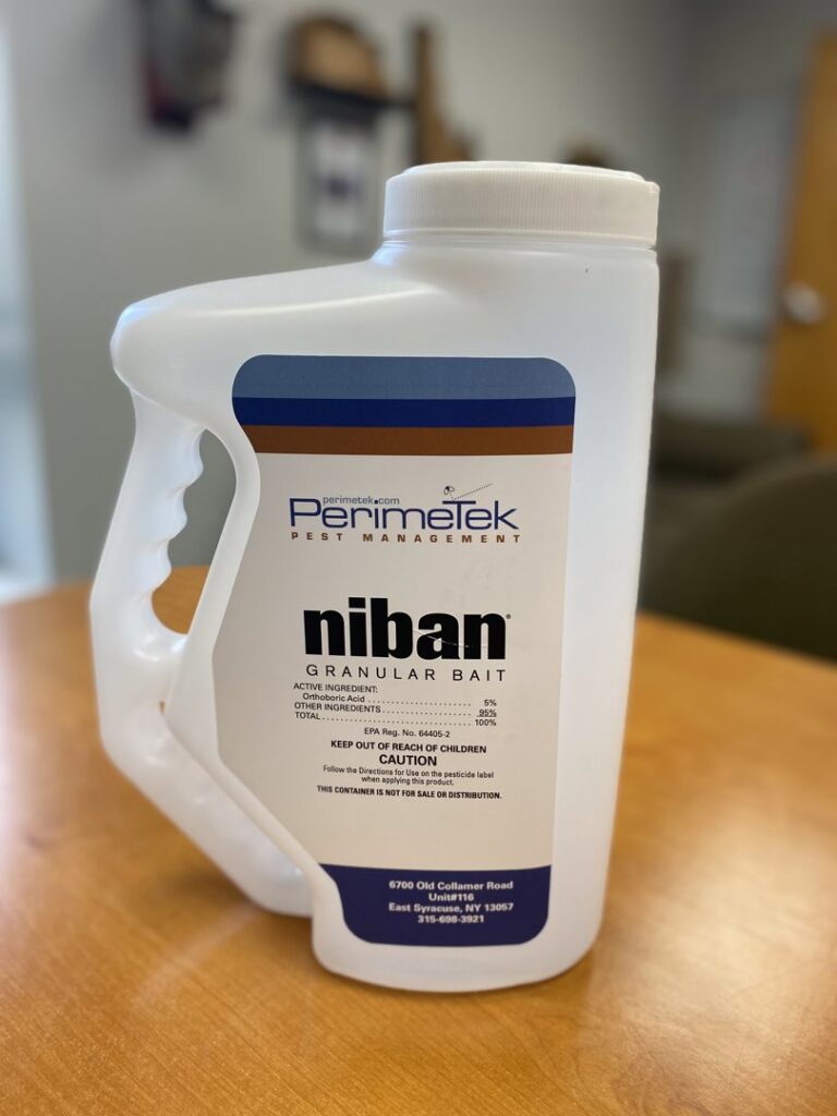 A container of Niban granular bait, a pest control product from Perimetek Pest Management in East Syracuse, NY.