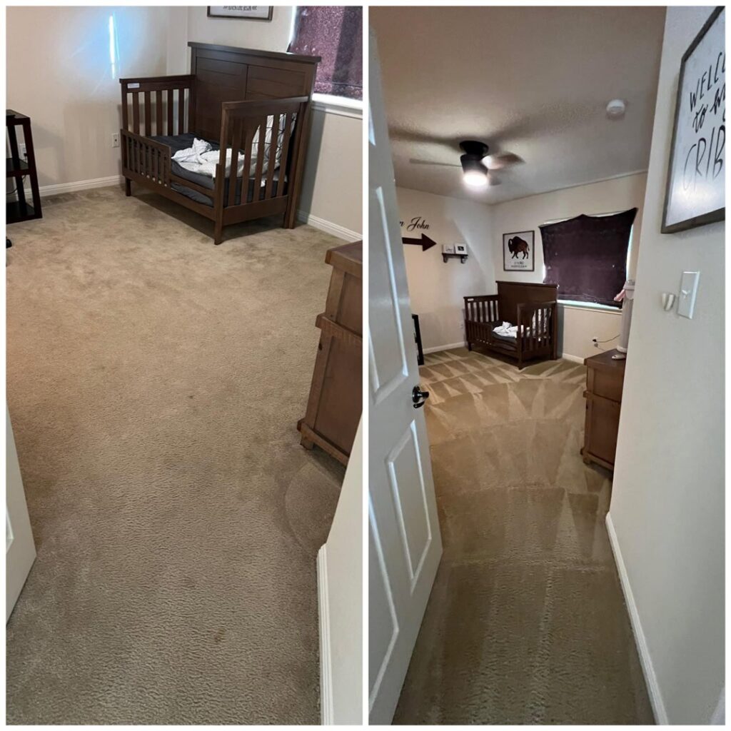 A before and after comparison of a nursery carpet, showing significant cleaning results by Green Dragon Carpet & Upholstery Cleaning LLC in Boise, ID.