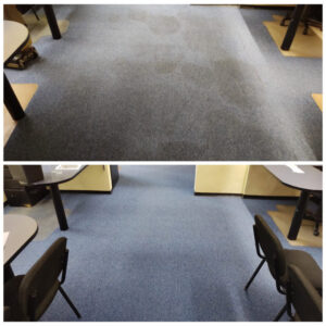 Before and after photos of a commercial office carpet cleaning by H-Town Chem-Dry in Spring, TX