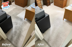 Before and after photo of a dirty office carpet cleaned by Heaven's Best Carpet Cleaning of Northwest San Antonio, TX