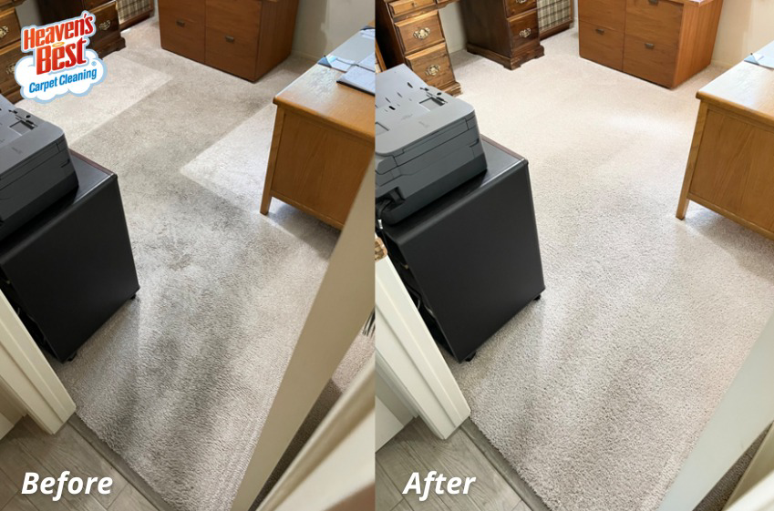 Before and after photo of a dirty office carpet cleaned by Heaven's Best Carpet Cleaning of Northwest San Antonio, TX